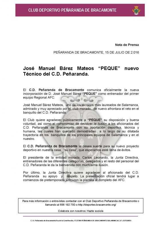 NOTA DE PRENSA PRESENTACIÓN JOSE MANUEL BAREZ MATEOS - PEQUE
